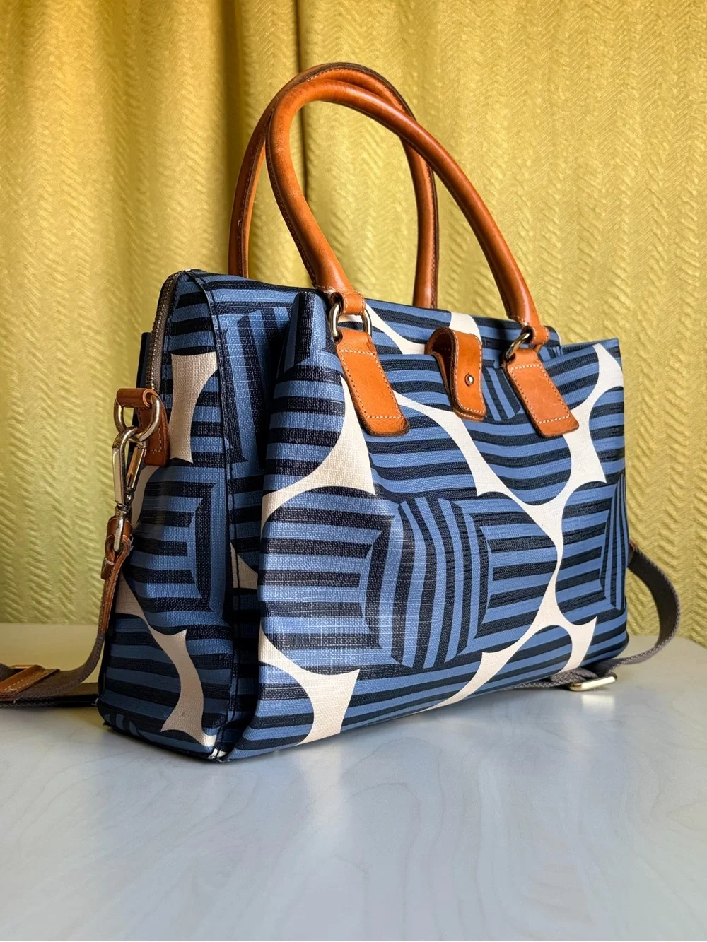 Orla Kiely Blue and Cream Graphic Print Satchel with Tan Trim